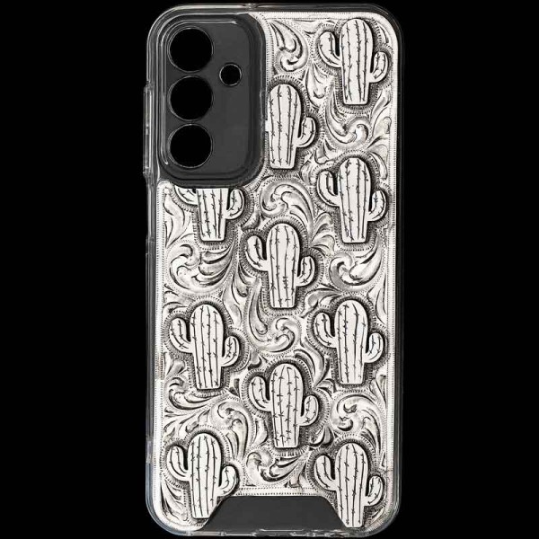 "The perfect addition for any cowboy or cowgirl! Our Sky King Custom Phone Case is crafted on a German Silver plate that is attached to the case. The plate is hand-engraved, featuring cactus figures and finished our signature antique finish. Personal